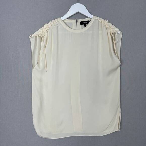 Theory Womens Top P / Small Cream 100% Silk Malkara Drawstring Modern Georgette - Picture 2 of 15
